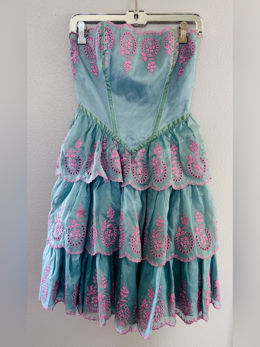 Betsey Johnson Vintage Strapless Dress with Pink Embroidery